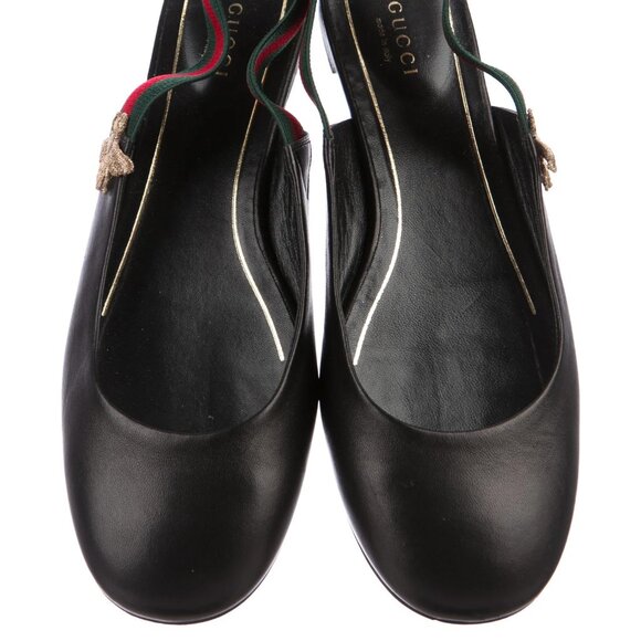 GUCCI Bayadere Web Stripe Bee Black Leather Slingback Flats Size EU 37.5 - Picture 3 of 6
